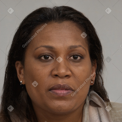 Joyful black young-adult female with long  brown hair and brown eyes