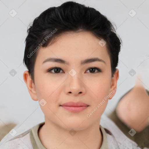 Neutral asian young-adult female with short  brown hair and brown eyes