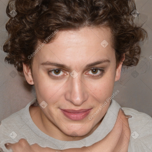 Joyful white young-adult female with medium  brown hair and blue eyes