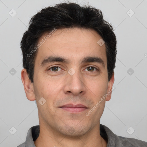 Neutral white adult male with short  black hair and brown eyes