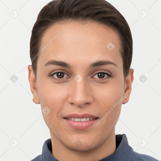 Joyful white young-adult female with short  brown hair and brown eyes