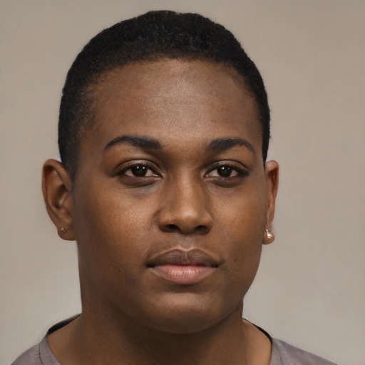 Neutral black young-adult female with short  black hair and brown eyes