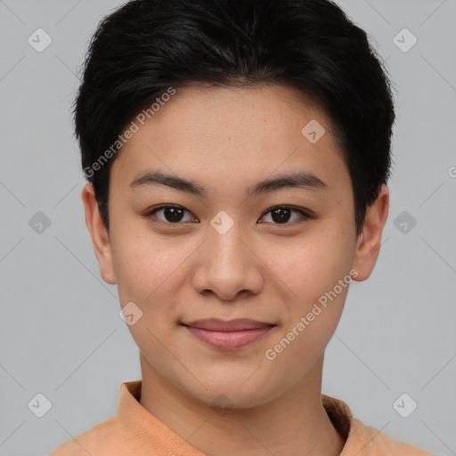 Joyful asian young-adult female with short  brown hair and brown eyes
