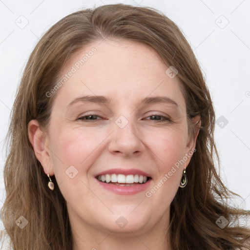 Joyful white young-adult female with long  brown hair and grey eyes