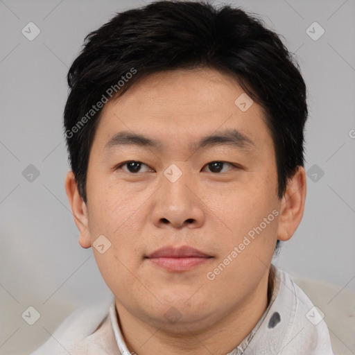 Neutral asian young-adult male with short  brown hair and brown eyes