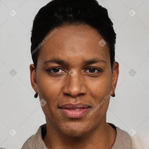 Joyful black young-adult female with short  black hair and brown eyes