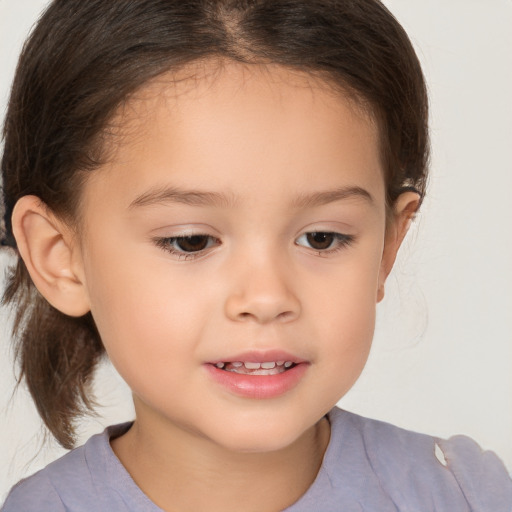 Joyful white child female with medium  brown hair and brown eyes