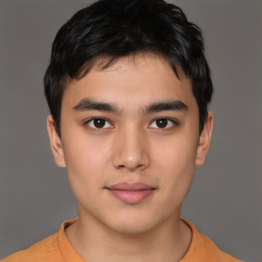 Neutral asian young-adult male with short  brown hair and brown eyes