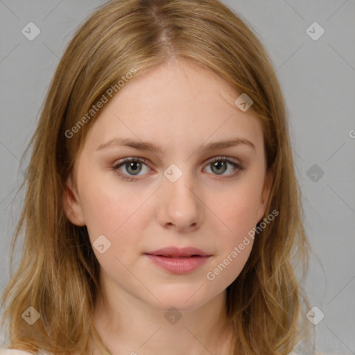 Neutral white young-adult female with medium  brown hair and brown eyes