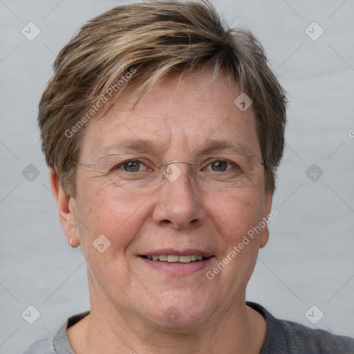 Joyful white middle-aged male with short  brown hair and grey eyes