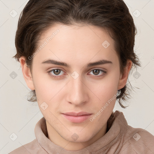 Neutral white young-adult female with medium  brown hair and brown eyes