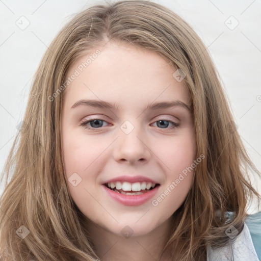 Joyful white child female with long  brown hair and brown eyes