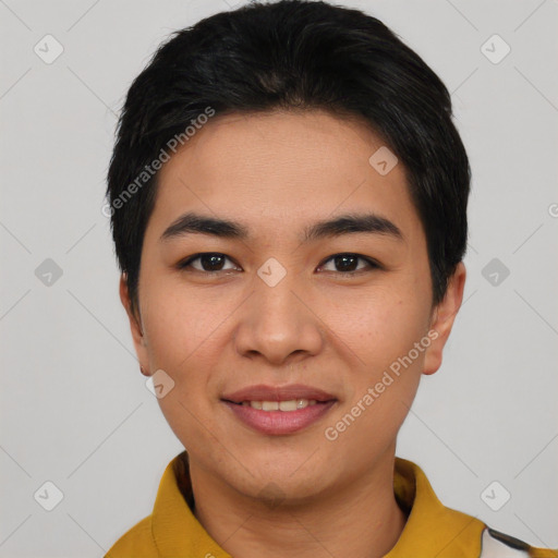 Joyful asian young-adult male with short  black hair and brown eyes