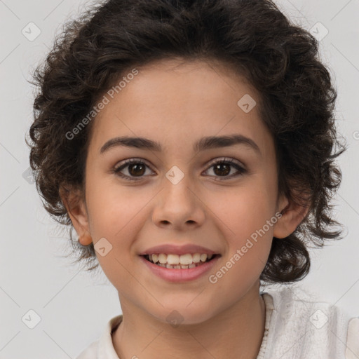 Joyful white child female with medium  brown hair and brown eyes