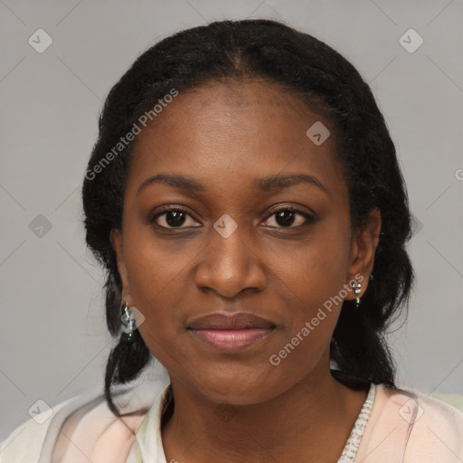 Joyful black young-adult female with medium  black hair and brown eyes