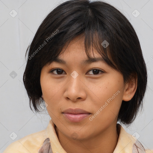 Neutral asian young-adult female with medium  brown hair and brown eyes