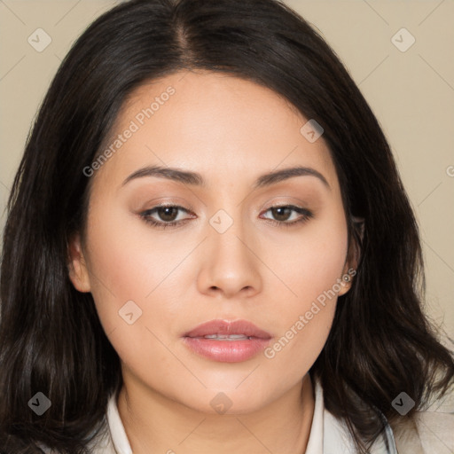 Neutral white young-adult female with medium  brown hair and brown eyes