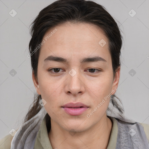 Neutral asian young-adult female with medium  brown hair and brown eyes