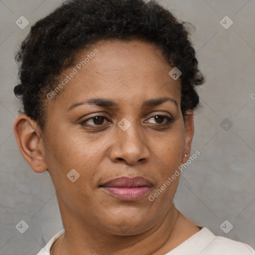 Joyful black adult female with short  brown hair and brown eyes