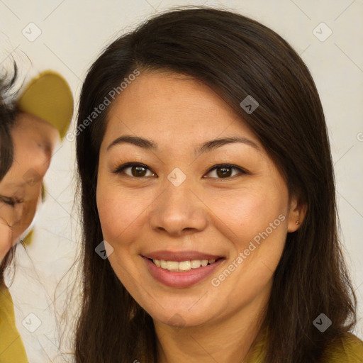 Joyful white young-adult female with long  brown hair and brown eyes