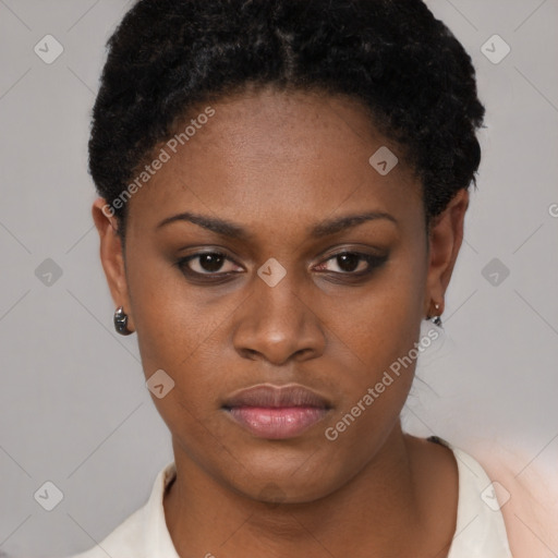 Neutral black young-adult female with short  brown hair and brown eyes