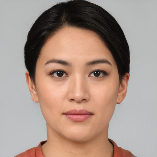 Neutral asian young-adult female with short  black hair and brown eyes