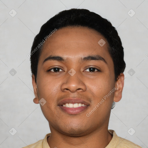 Joyful latino young-adult male with short  black hair and brown eyes