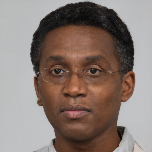 Neutral black adult male with short  black hair and brown eyes