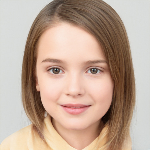 Joyful white child female with medium  brown hair and brown eyes