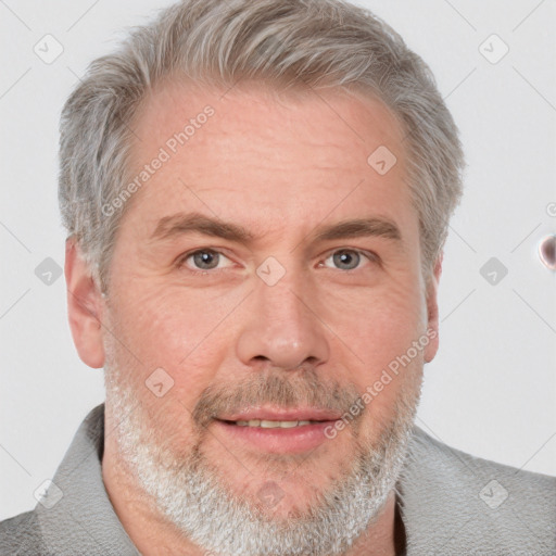 Neutral white middle-aged male with short  gray hair and grey eyes