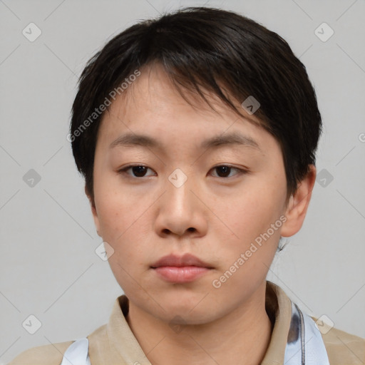 Neutral asian young-adult female with short  brown hair and brown eyes