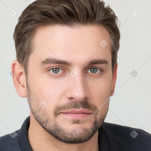 Neutral white young-adult male with short  brown hair and grey eyes