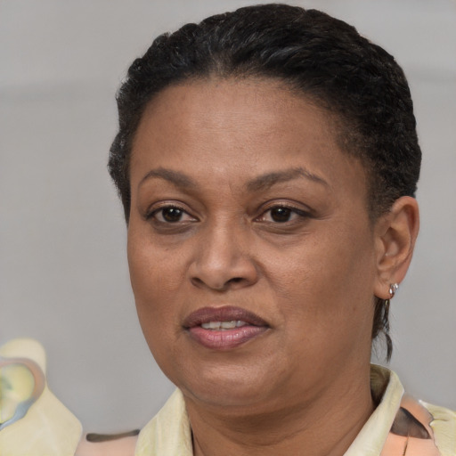 Joyful black adult female with short  brown hair and brown eyes