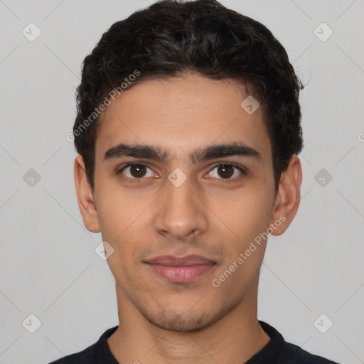 Neutral latino young-adult male with short  black hair and brown eyes