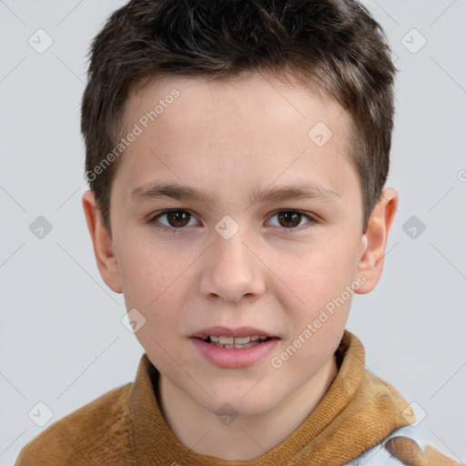 Joyful white child male with short  brown hair and brown eyes