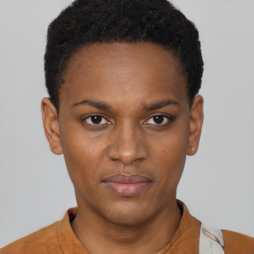 Neutral black young-adult female with short  black hair and brown eyes
