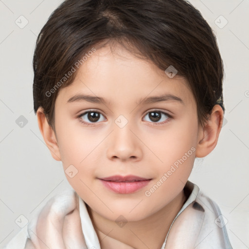 Joyful white child female with short  brown hair and brown eyes