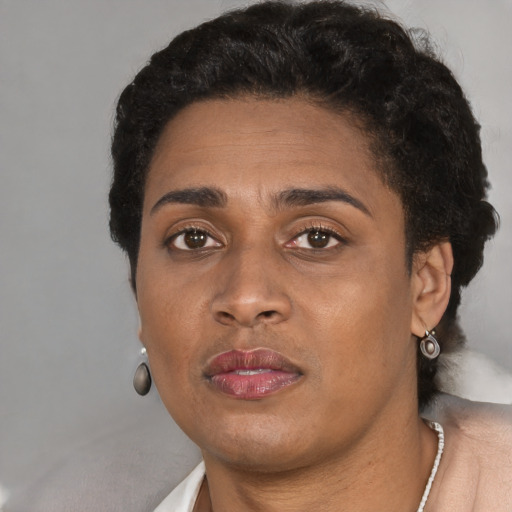 Neutral black young-adult female with short  black hair and brown eyes