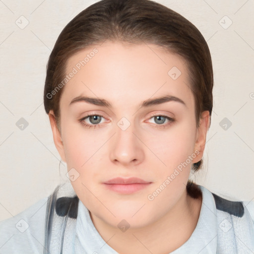 Neutral white young-adult female with medium  brown hair and brown eyes