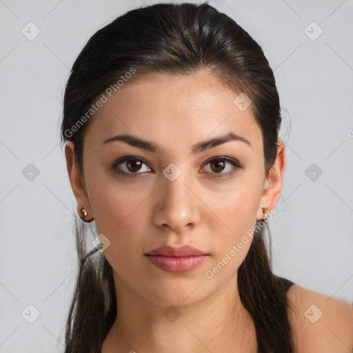 Neutral white young-adult female with long  brown hair and brown eyes