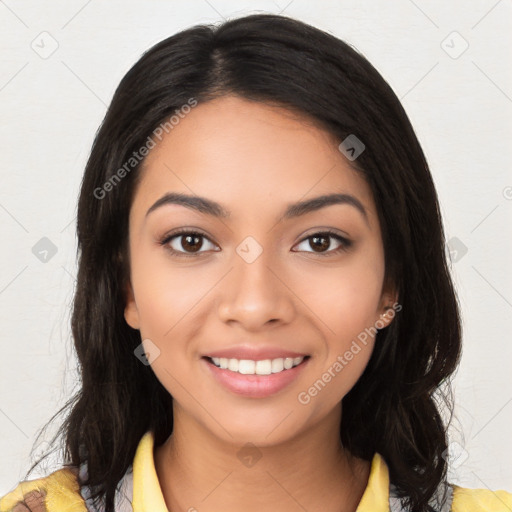 Joyful latino young-adult female with long  black hair and brown eyes