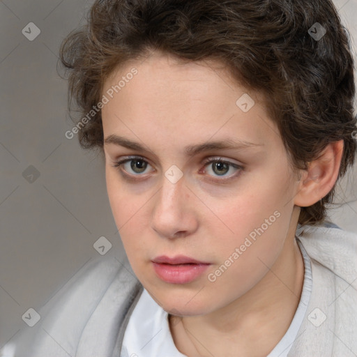 Neutral white young-adult female with short  brown hair and brown eyes