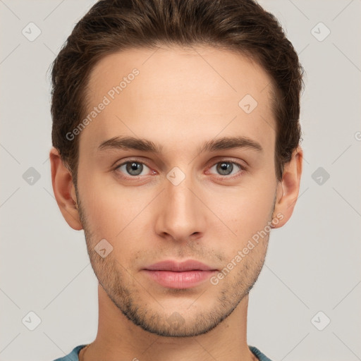 Neutral white young-adult male with short  brown hair and grey eyes