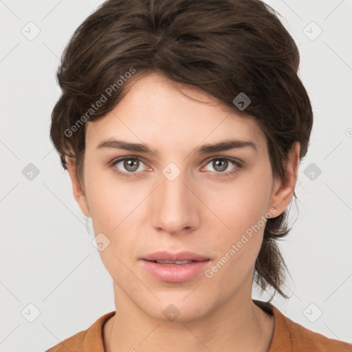 Neutral white young-adult female with medium  brown hair and brown eyes