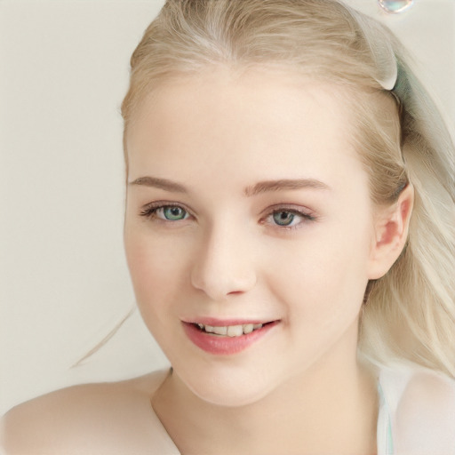 Joyful white young-adult female with medium  brown hair and blue eyes