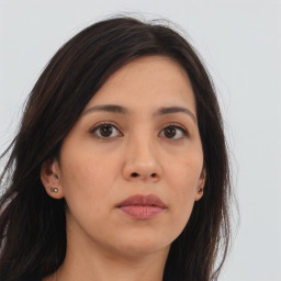 Neutral asian young-adult female with long  brown hair and brown eyes