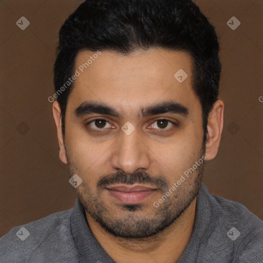 Neutral latino young-adult male with short  black hair and brown eyes