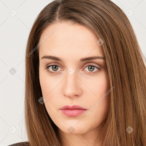 Neutral white young-adult female with long  brown hair and brown eyes