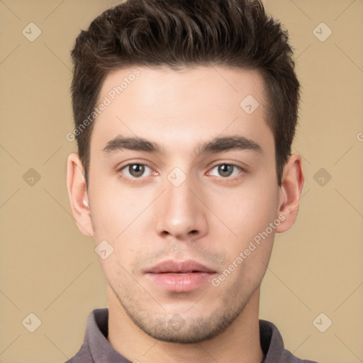 Neutral white young-adult male with short  brown hair and brown eyes