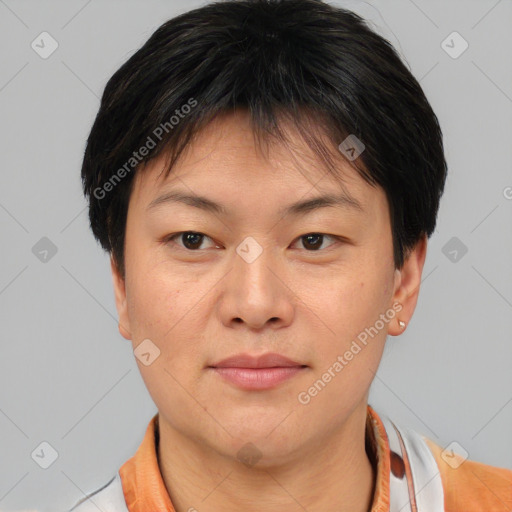 Joyful asian young-adult female with short  brown hair and brown eyes
